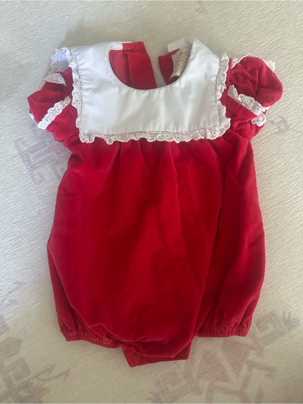 The Beaufort Bonnet Company Red Velvet Bubble Romper with White Lace Bib